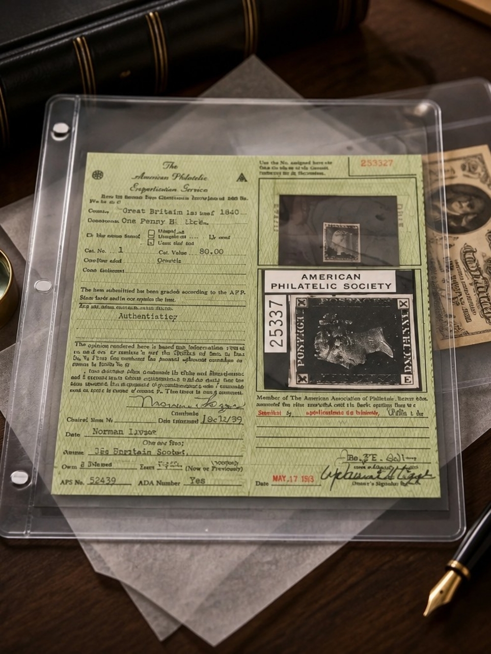 Black Penny American Philatelic Certified Stamp Display - Green Certificate